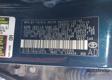 2018 Toyota Corolla Se из США, поврежденный, VIN 2T1BURHE5JC020379